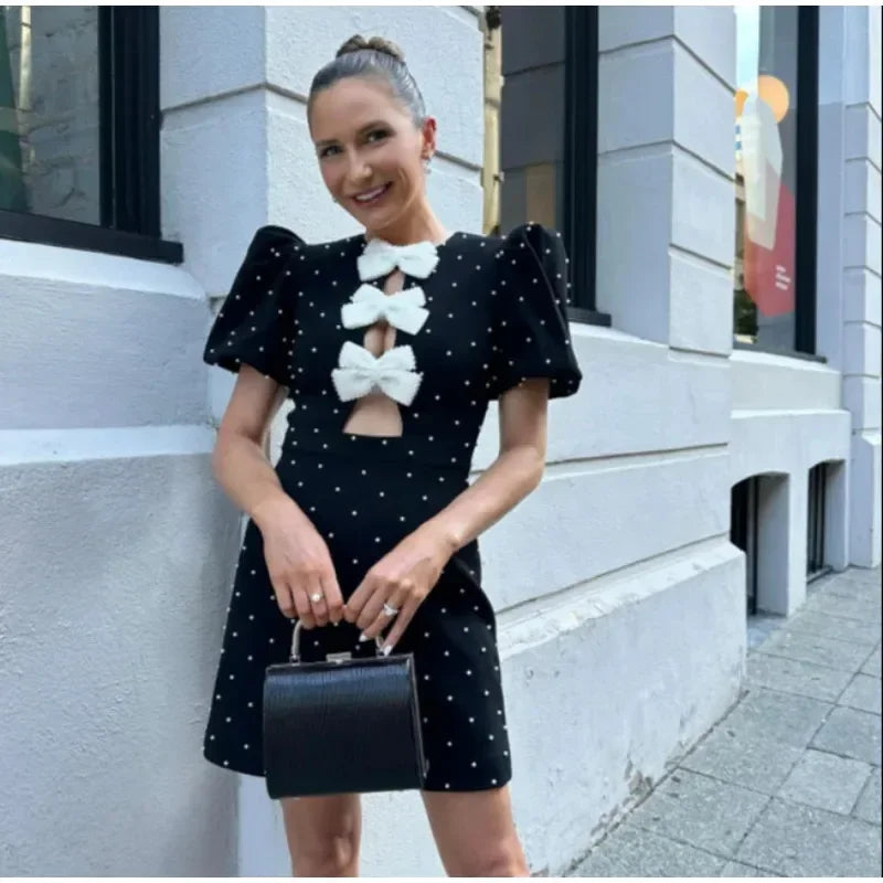 🍒Bow mini dress puff sleeve party wear outfit o-neck summer occasion wear fashion elegant clothing for women BIg Up BowBowBow!