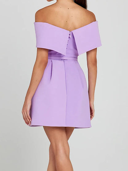 🍒Mixed media fashion short sleeve mini dress off the shoulder sleeves spring summer fashion solid party wear occasion wear Show A' Shapely Shoulder