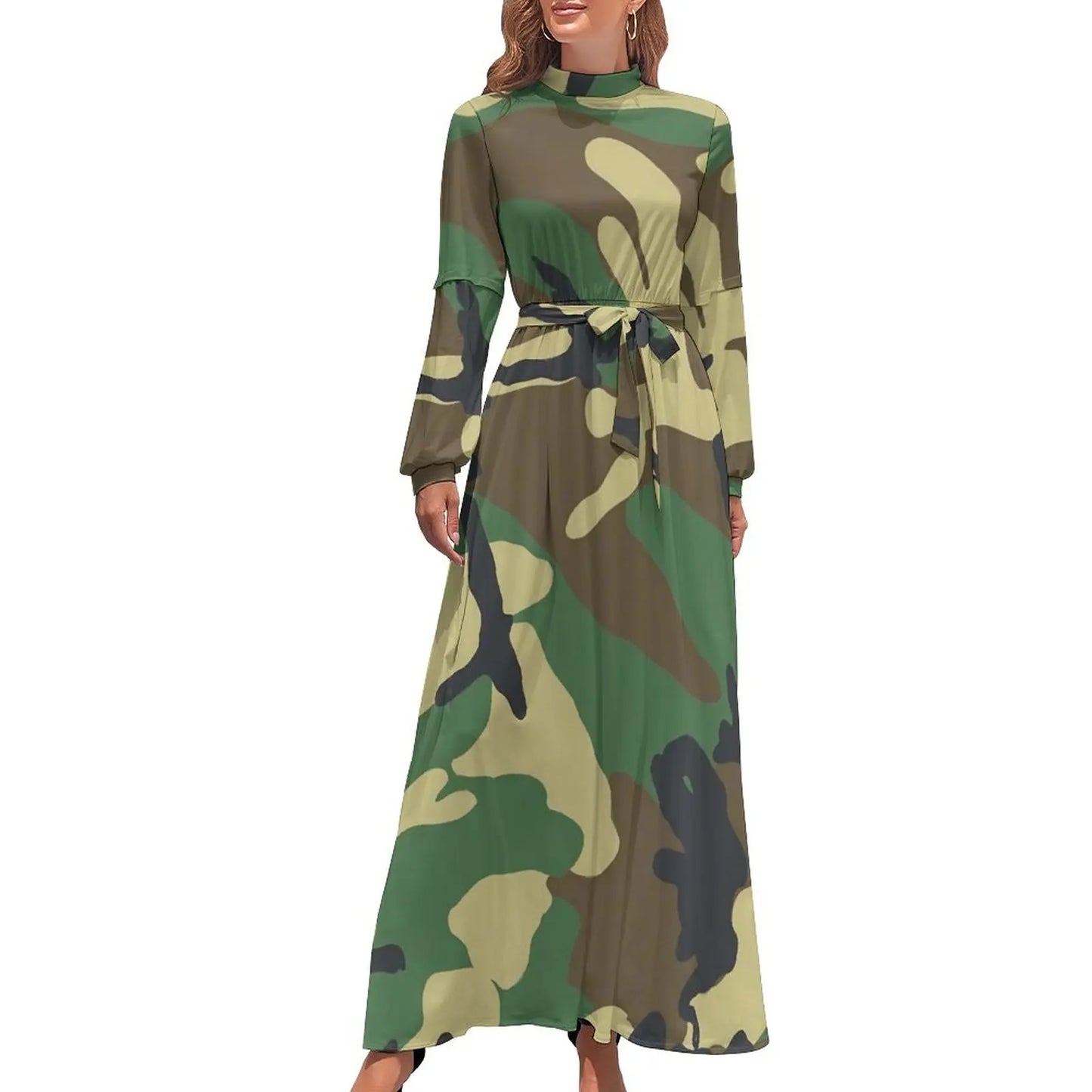 🍒Militêre kamoefleerrok hoë middellyf uitrusting boheemse sjiek langmou maxi stylvolle slim gemaklike klere vroue Camodel Camo