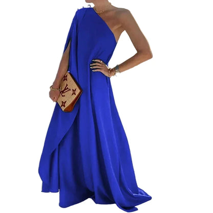 🍒One shoulder outfit plus size holiday dress floor length solid pleated loose fitting occasion wear holiday wear beach fashion women vacation party wear with scarf and side attach detail summer clothing Unleash Some Greech