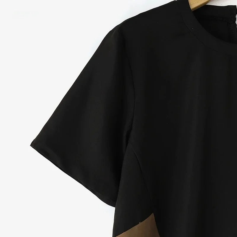 🍒Street style fashion dress t-shirt style short sleeve round neck outfit smart casual women's patchwork and pocket summer wear Patch Up Your Fashion And pocket the Change