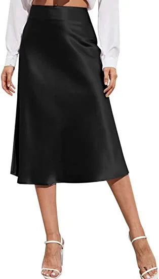 🍒Satyn hoë middellyf midi-romp, effekleur, a-lyn romp, syerig, elegante modepartytjie, slim gemaklike drag vir vroue - Skitter In Satyn