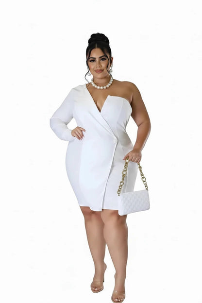 🍒One shoulder plus size dress wedding guest party outfit women v-neck single long sleeve solid suit dress mini occasion clothing Be Redy And Fresh In A Cool Dress