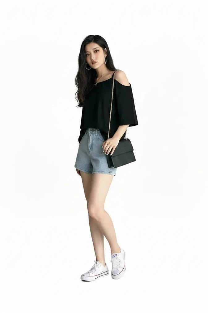 🍒Cold shoulder t-shirts women plain tops sphagetti straps Y2k clothing fashion tees female  casual clothes Grow Your Carrots And Peas its black and white