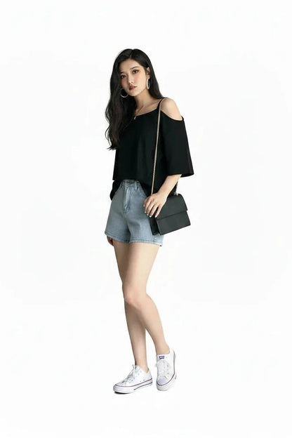 🍒Cold shoulder t-shirts women plain tops sphagetti straps Y2k clothing fashion tees female  casual clothes Grow Your Carrots And Peas its black and white