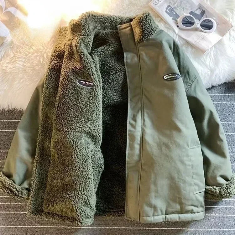 🍒Fashion Stand-up Collar OutwearFaux lambswool fur jacket women's warm coat autumn winter outerwear for women heart print stand collar coat Ya Hearts Printed On This