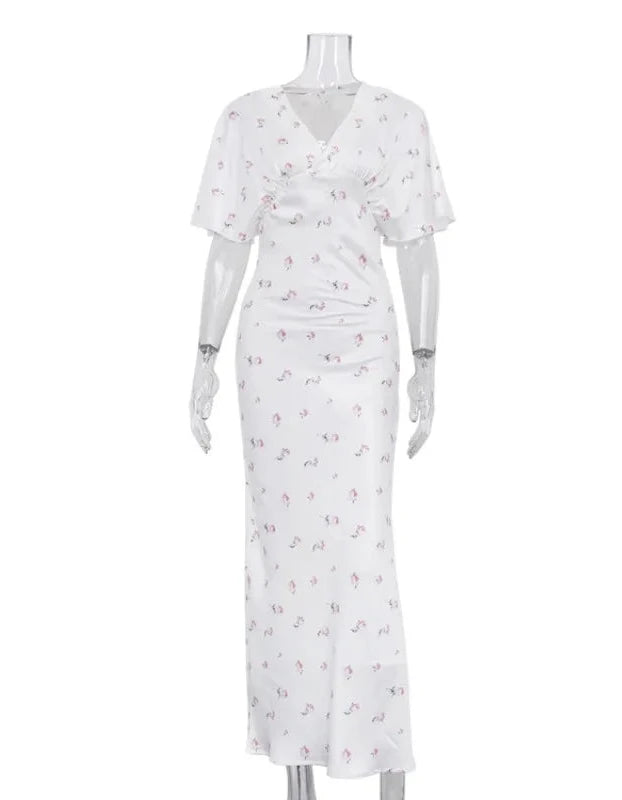 🍒Wit blomme satyn maxi rok vir vroue gemaklik of geleentheid trougas strandvakansie uitrusting blomme gedrukte V-nek rok vroue mode skraal pasmiddellyf kort vlindermou lang somerdrag met kort moue hoë middellyf oulike gemaklike geleentheid