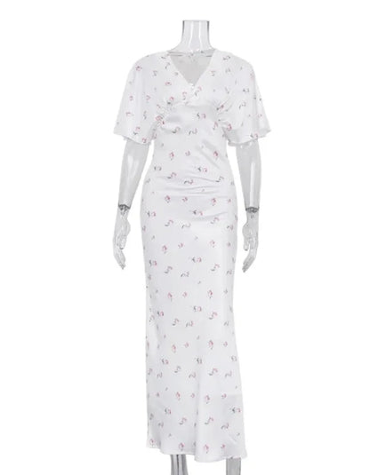 🍒Wit blomme satyn maxi rok vir vroue gemaklik of geleentheid trougas strandvakansie uitrusting blomme gedrukte V-nek rok vroue mode skraal pasmiddellyf kort vlindermou lang somerdrag met kort moue hoë middellyf oulike gemaklike geleentheid