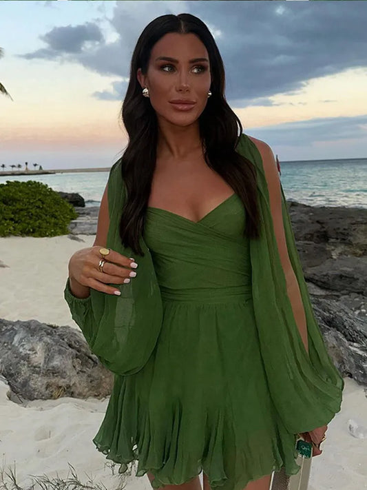 🍒Women's chiffon mini dress v-neck long sleeve split ruffle high waist outfit for holiday party fashion green beach dresses Let Them Envy You In This Green Beauty