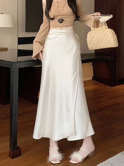 🍒Elegant high waist skirts for women fashion black grey satin skirt classic smart casual women  long skirt summer wear slinky silky skirty style