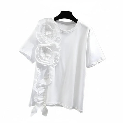 🍒Summer t-shirts for women o-neck smart casual tops t-shirt for party 3D floral tees occasion wear oversized shirts Look A'white At Night