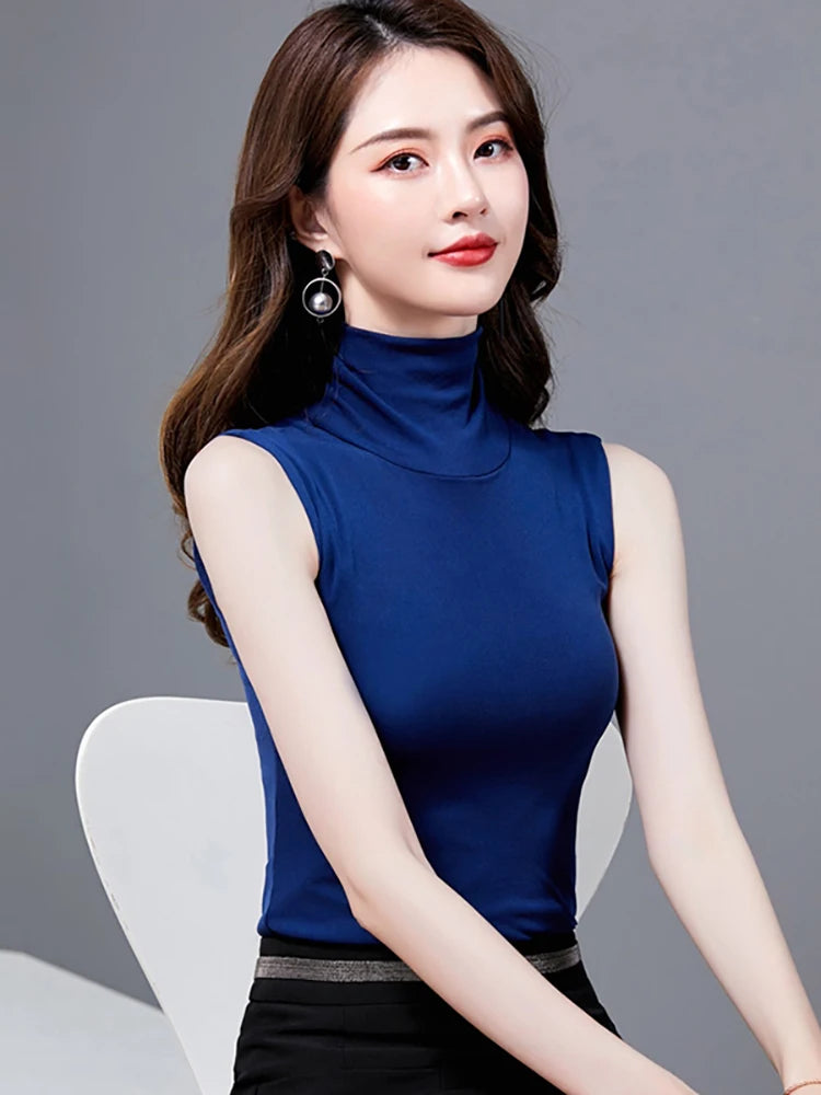 🍒Summer tops for women turtle neck sleeveless tank top female casual clothes cropped top tees black white blue Q'white A Top And In Black And Blue