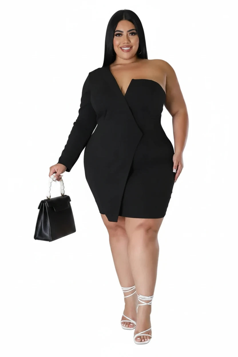 🍒One shoulder plus size dress wedding guest party outfit women v-neck single long sleeve solid suit dress mini occasion clothing Be Redy And Fresh In A Cool Dress