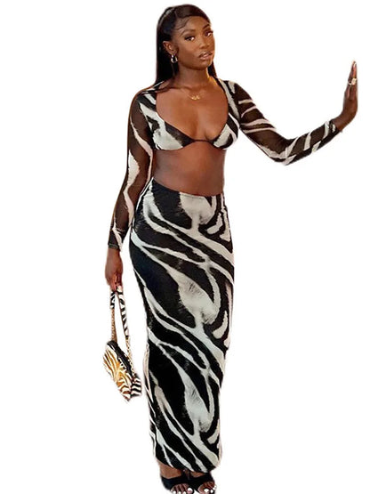 🍒Stripe two piece set skirt contrast colour animal zebra print chiffon top party bra outfit crop top and matching fitted maxi skirt suit Hot Girl Cool