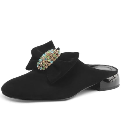 🍒Handmade genuine leather shoes suede footwear for occasion slippers for women mules round toe low heel mules summer footwear female 34-41 Look Slip On Your Bow With A Bow Slipper