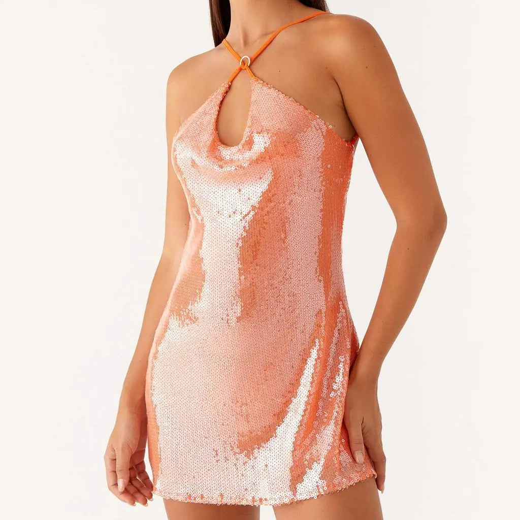 🍒Paillet somerrok glinster mini-uitrusting moulose verstelbare dun spaghettibandjie modeklere vir partytjies ooprug minirok swart Terug Klassieke