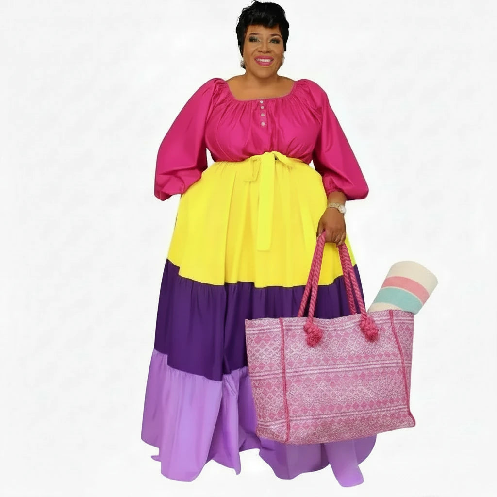 🍒Plus size womens dress colourful clothing puff sleeve maxi outfit long stleeve slash neck patchwork female casual wear Casual long dress Get Into Colour L-5XL
