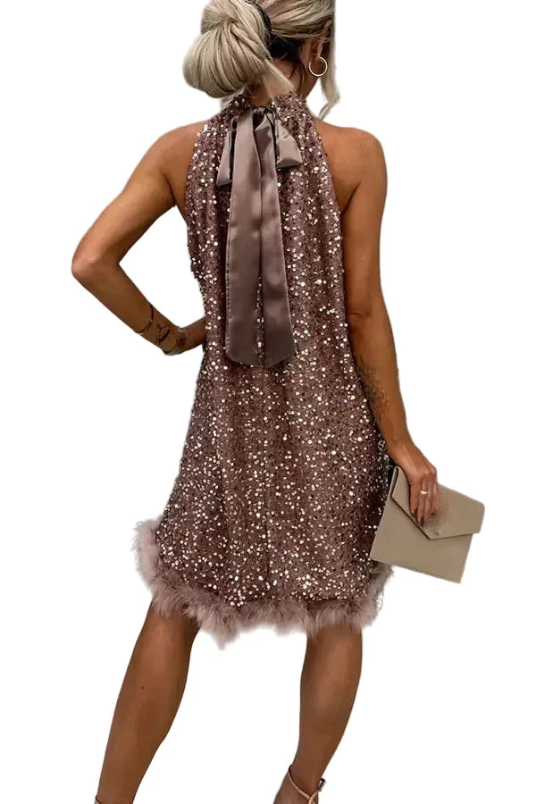 🍒Sequins a line dress slim dress womens sleeveless tie bow party wear clothing occasion outfit with feather trim solid Club wear Fun Festive Feathers