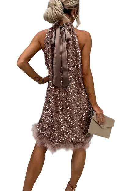 🍒Sequins a line dress slim dress womens sleeveless tie bow party wear clothing occasion outfit with feather trim solid Club wear Fun Festive Feathers