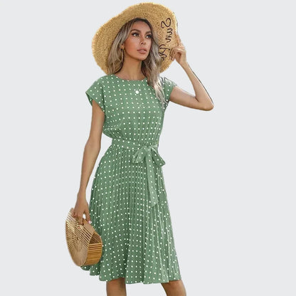 🍒Summer dresses for women high waist midi outfit with pleats elegant pleated polka dots short sleeve fashion office clothing vacation wear  Don’t Delay Dotties