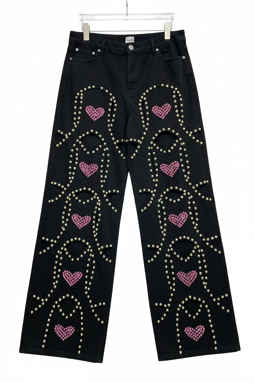 🍒Red diamond jeans embellished hollow heart Jeans for women loose wide leg denim trousers cool pants with rivets wHOLE HEARTedly made for you
