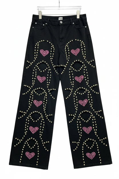 🍒Red diamond jeans embellished hollow heart Jeans for women loose wide leg denim trousers cool pants with rivets wHOLE HEARTedly made for you