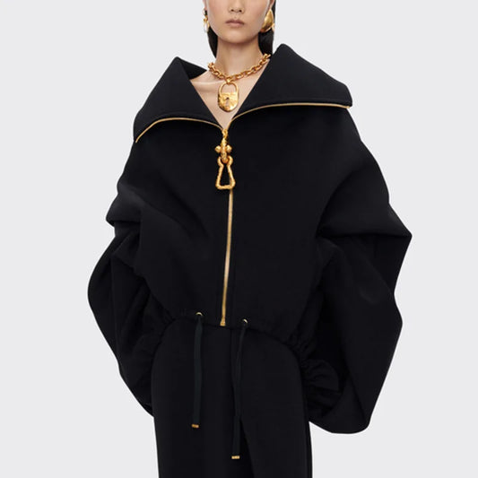 🍒Oversized zipped coat women's fashion solid color long sleeve casual drawstring jacket black designer style spring autumn clothing   Big Up To Oversized Cool