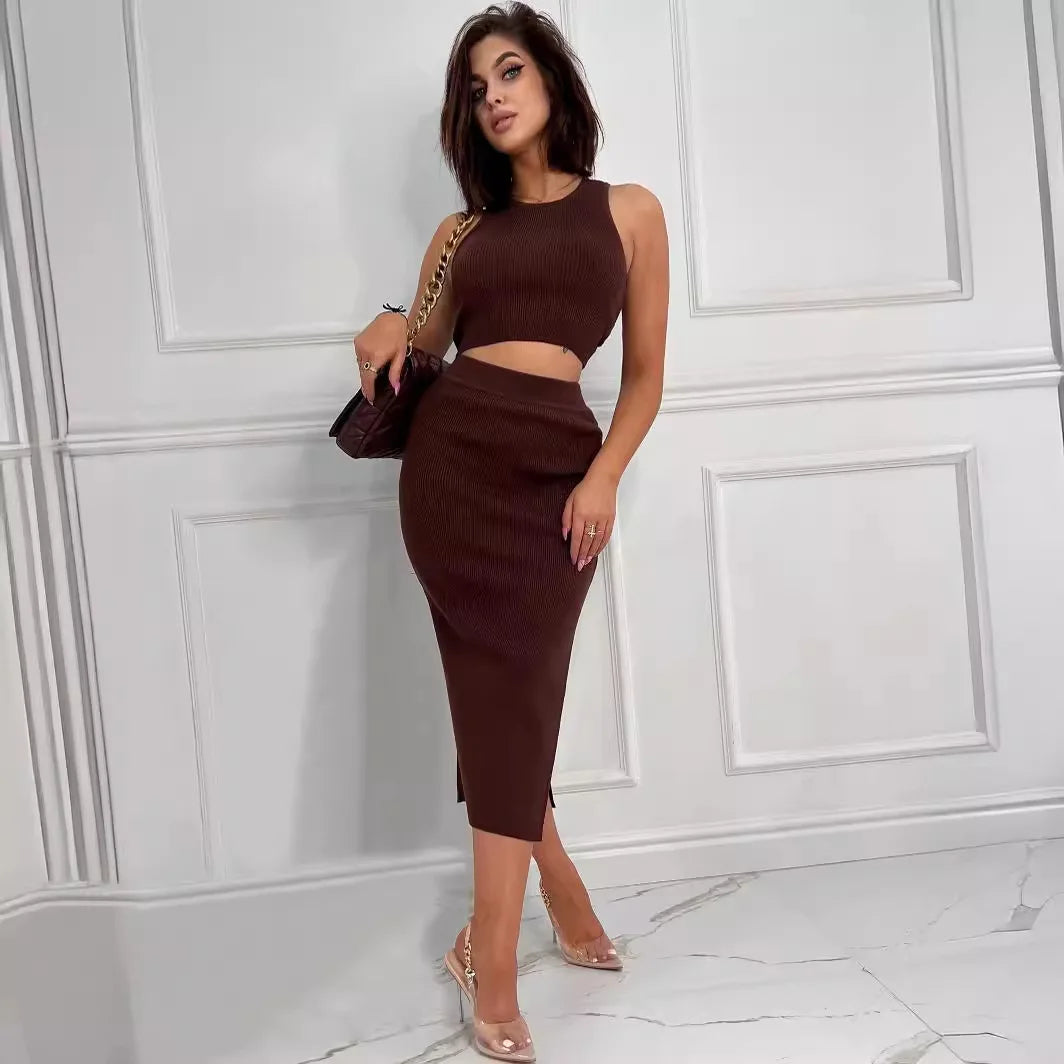 🍒Summer two-piece women's solid colour sleeveless vest top and slim skirt fashionable and elegant slim sleeveless crop top and slit skirt outfit set
