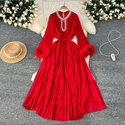 🍒Pleated long dress for women white maxi outfit wedding guest wear diamond and feather detail long sleeve elegant party occasion wear long sleeve club wear Look Diamond In Pleats
