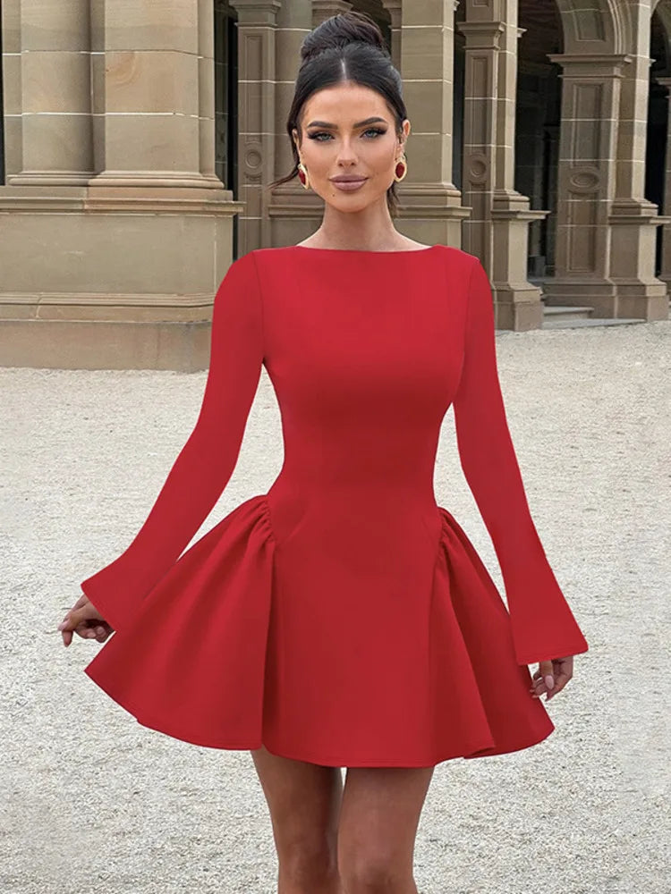 🍒Elegant long sleeve mini dress fit and fare solid o-neck high waist outfits a-line bodycon party club clothing Show Your flair In A fitted