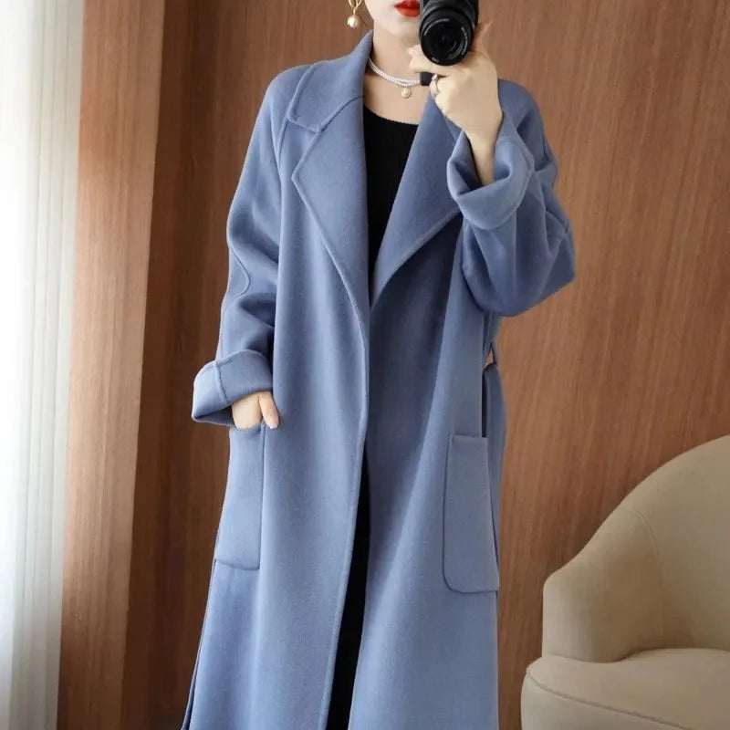 🍒100% wool coat for women autumn/winter fashion double sided cashmere coat with belt elegant long overcoat smart casual outerwear Warmup In Wool