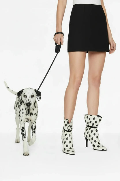🍒Women's polka dot ankle boot white black pattern booties with ruffle top buckle decor pointed toe stiletto high heel fashion short boots  On The Spot Fine