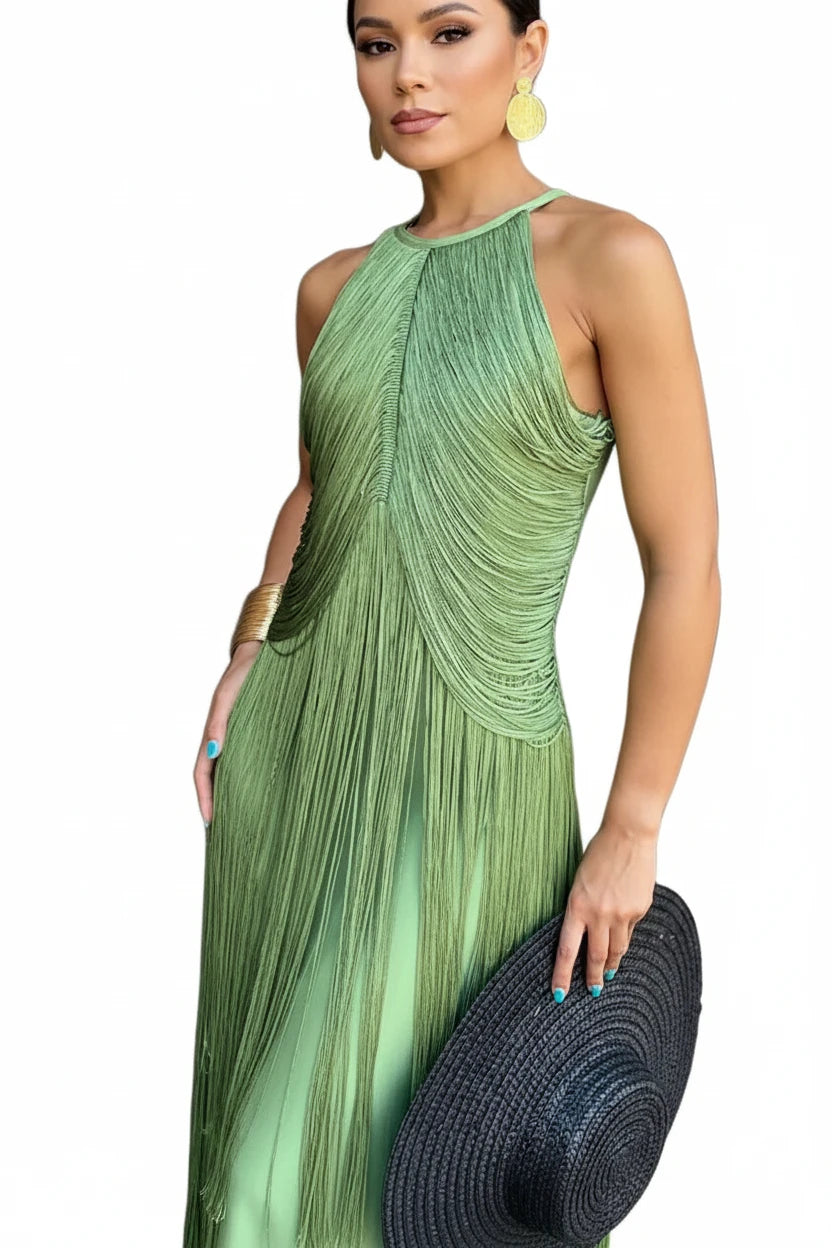 🍒Multi-layer tassel dress women's solid o-neck sleeveless cocktail dress elegant female fashion ball party outfit occasion wear club wear holiday beach party wear No Tossle Tassle