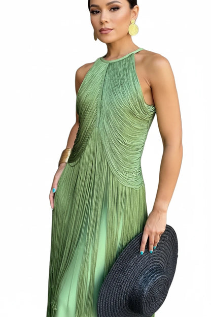🍒Multi-layer tassel dress women's solid o-neck sleeveless cocktail dress elegant female fashion ball party outfit occasion wear club wear holiday beach party wear No Tossle Tassle