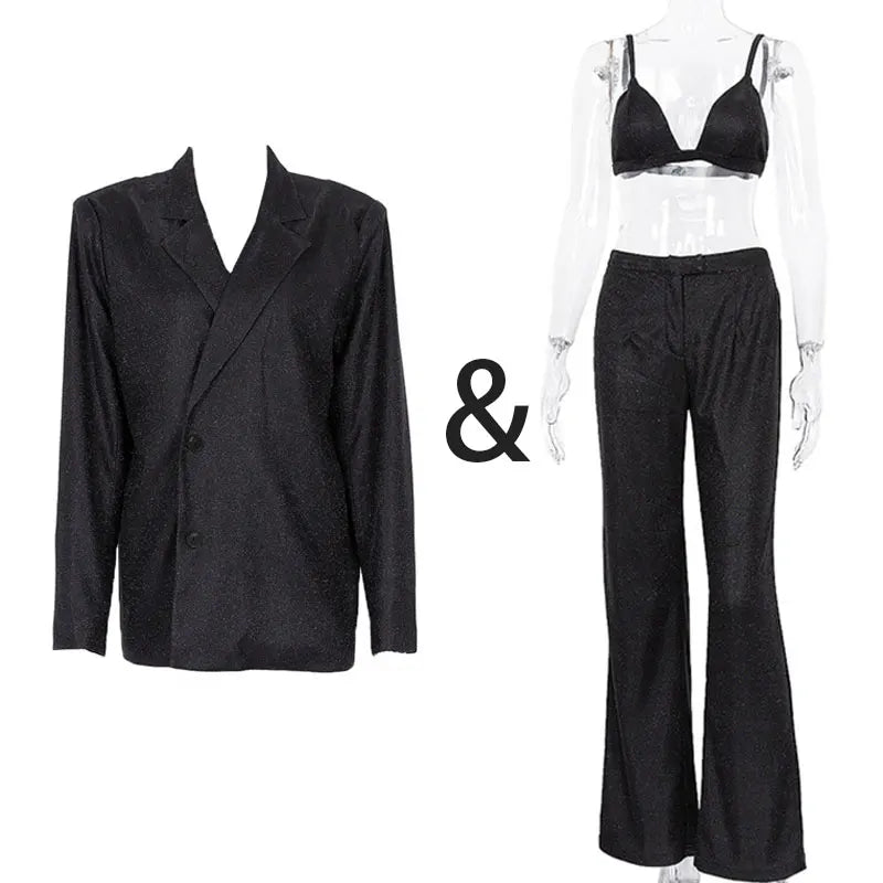 🍒Party sliver glitter three piece blazer sets for women fashion clubwear Sparkly Bra And Pants Matching set party occasion wear Get GlitZy
