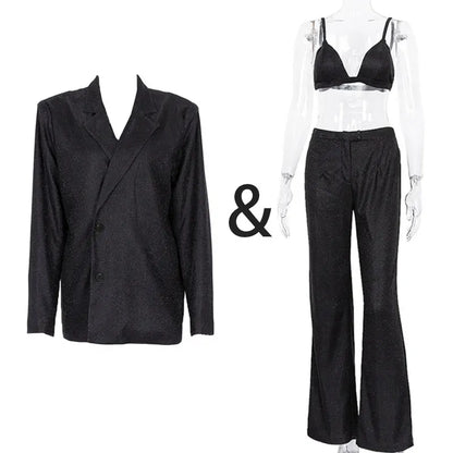 🍒Party sliver glitter three piece blazer sets for women fashion clubwear Sparkly Bra And Pants Matching set party occasion wear Get GlitZy