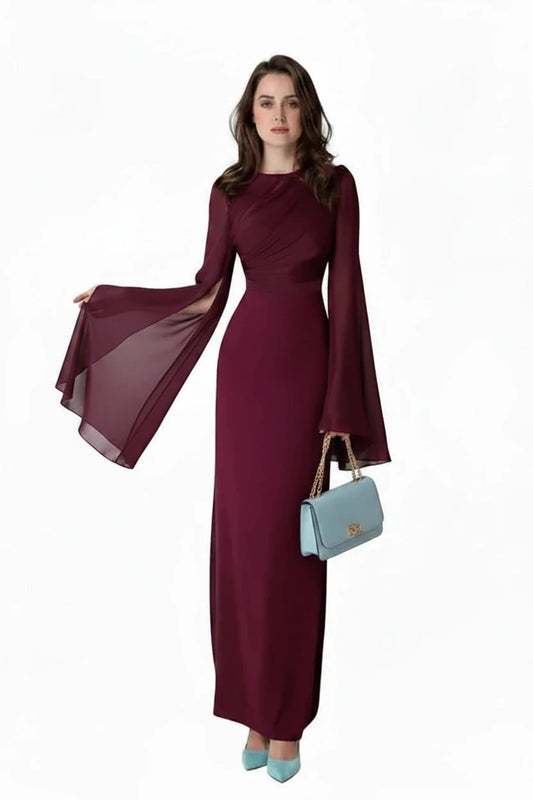 🍒Chiffon-rok vir vroue, effekleurige rok met o-nek, skraal, elegante aandrok, klokkiesmou, hoë middellyf, uitrusting met plooie, lang partytjie-geleentheidsdrag.