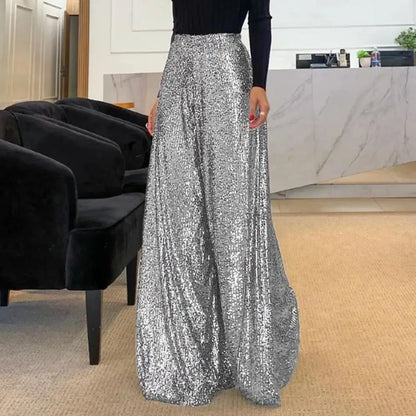 🍒High waist elastic wide leg  pants full length womens pants for night club with sequins Loose occasion party weat They Will Take A ComPLETEly WIDE Birth To Appreciate This