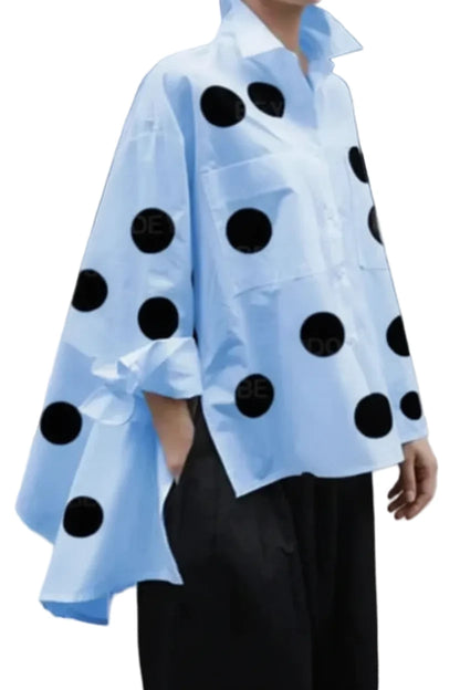🍒Long sleeve polka dot shirt cotton Button Up high low blouse designer style clothing holiday wear chic fashion wear for women black and white fashion Delightful Dots