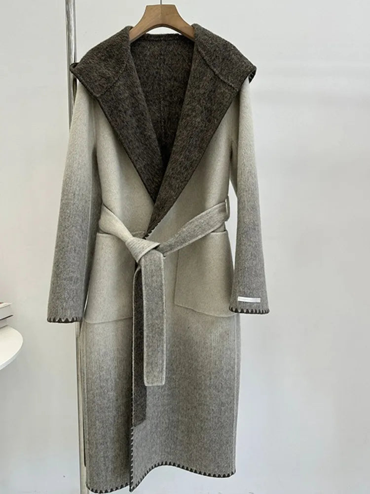 🍒Pienk wolmengseljas met kap en gordel, stylvolle winteroorjas, kleurvolle moderne modejas, slim gemaklike buiteklere, vroue lyk soos lekkergoed in vlokkie-wol
