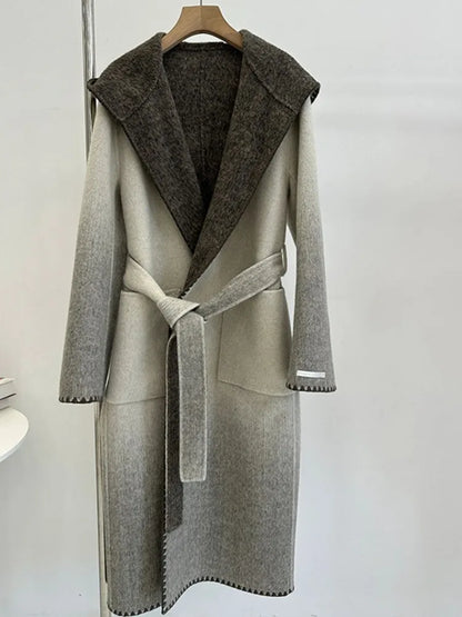 🍒Pienk wolmengseljas met kap en gordel, stylvolle winteroorjas, kleurvolle moderne modejas, slim gemaklike buiteklere, vroue lyk soos lekkergoed in vlokkie-wol