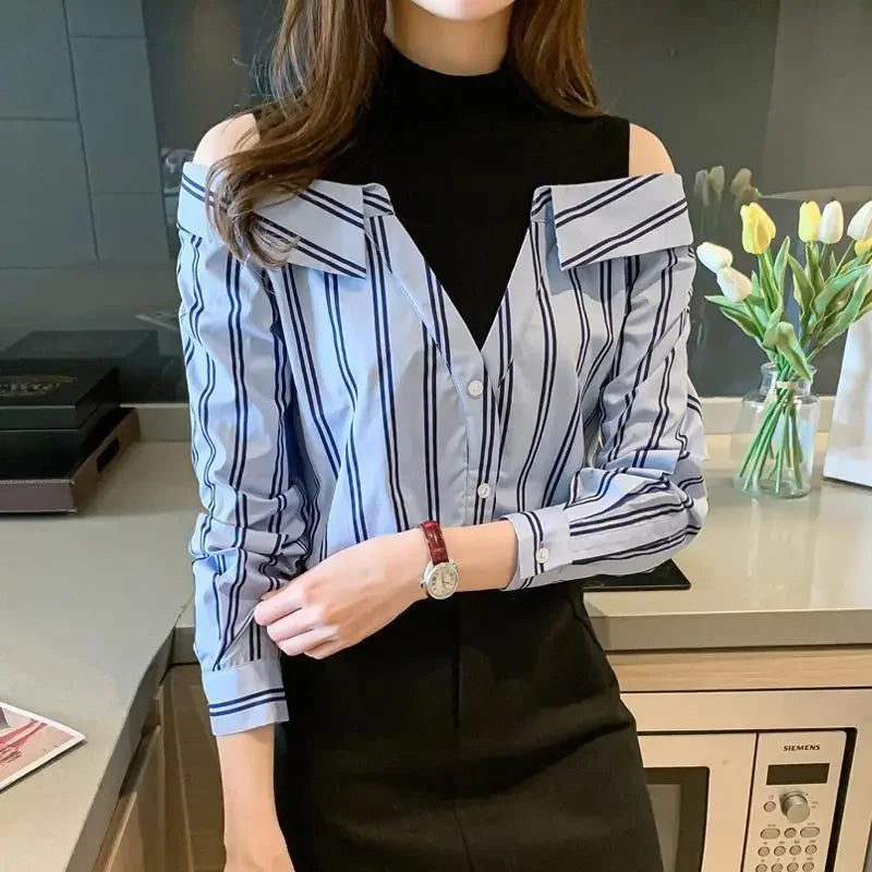 🍒 女式假两件衬衫棉质衬衫露肩上衣酷炫蓝条纹衬衫 女性独特潮流青春款