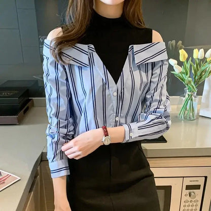 🍒 女式假两件衬衫棉质衬衫露肩上衣酷炫蓝条纹衬衫 女性独特潮流青春款