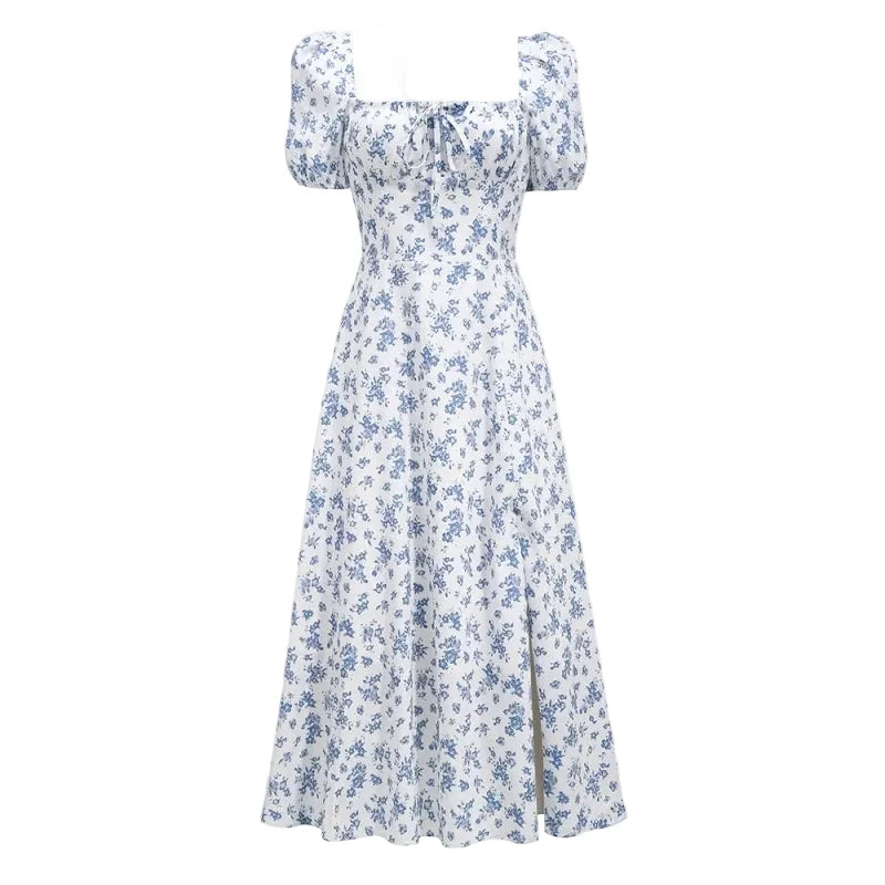🍒Ruffle dress off shoulder summer vintage floral printed dress french women wear square neck backless outfit Slip On Relax And Take The World Off Your Shoulder