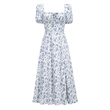 🍒Ruffle dress off shoulder summer vintage floral printed dress french women wear square neck backless outfit Slip On Relax And Take The World Off Your Shoulder
