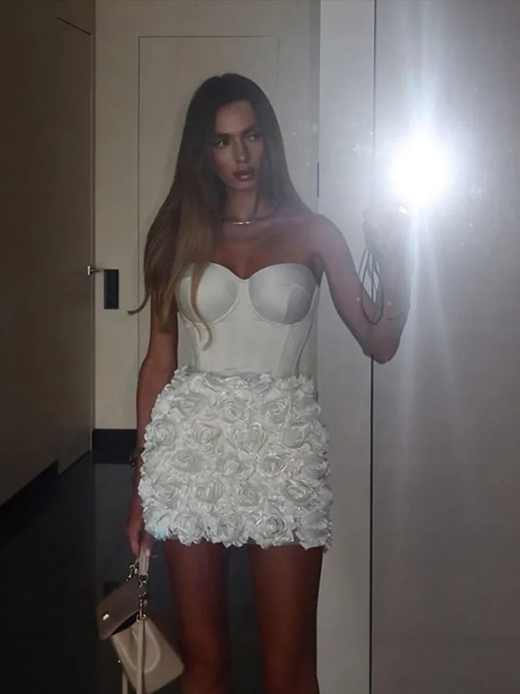 🍒White bodice dresd fishbone dress 3D flower evening dress slim fit waist cinching bodice backless shoulderless mini outfit Women short dresses for party occasion wear Bonified Party Dress