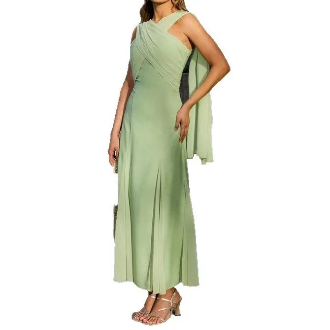 🍒Strapless chiffon dress solid colour fashion ribbon accessorie sleeveless outfit with scarf on neck slim fitted hip and flare for Summer high waist pleated dress  occassion maxi party clothing Get This Hang Over Handed Over