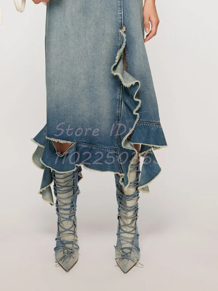🍒Lace up jeans boots blue with heel long pointed toe stilettos runway fashion shoes modern denim footwear for women Dressy Denims