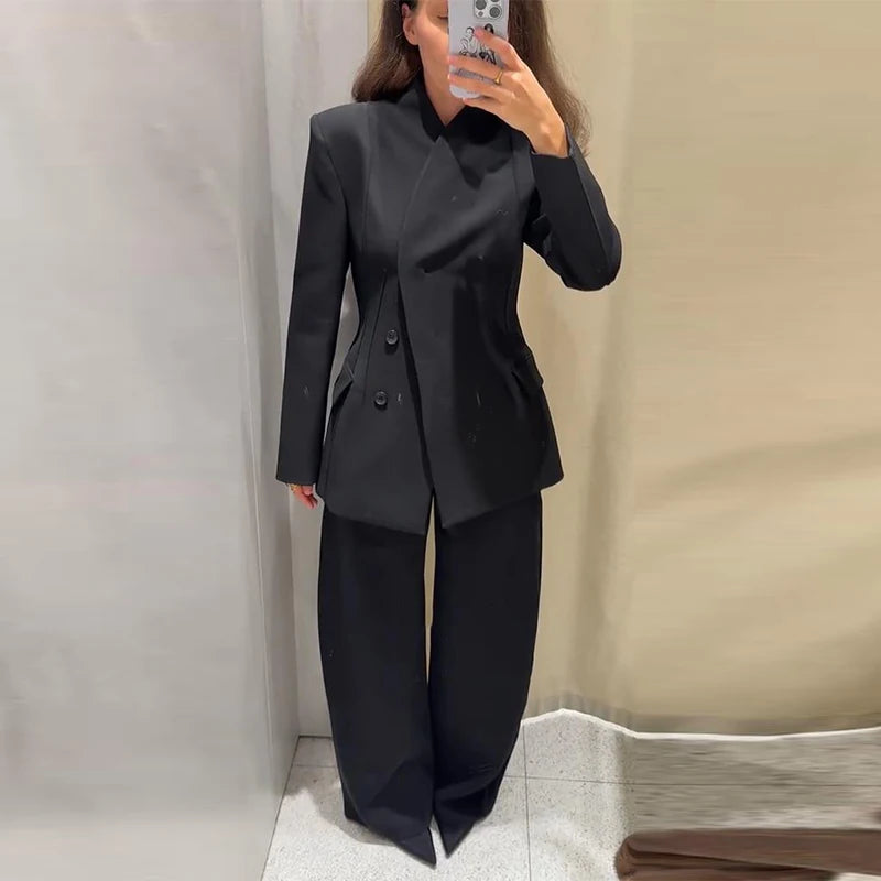 🍒Casual black blazer and pants set long sleeve jacket with fitted waist and long kick flare solid straight pant set women spring autumn suits  ‘Well fit