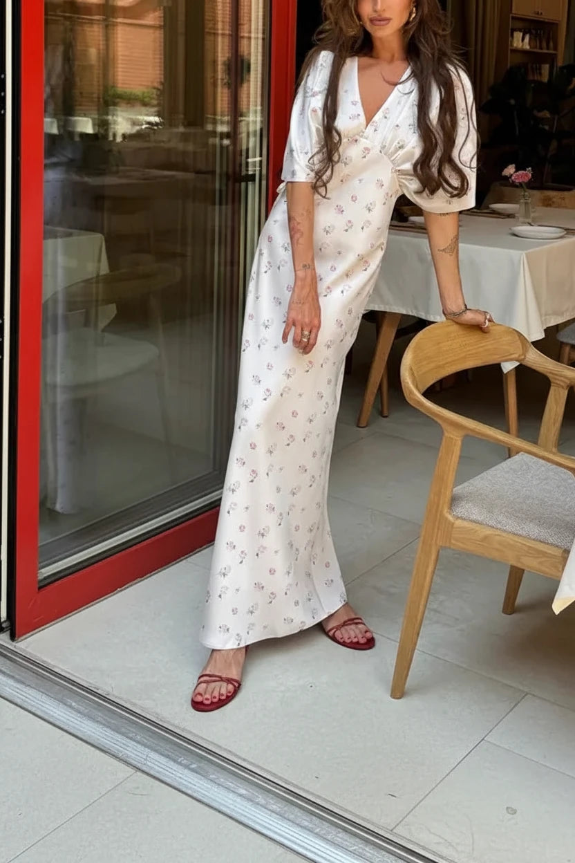 🍒Wit blomme satyn maxi rok vir vroue gemaklik of geleentheid trougas strandvakansie uitrusting blomme gedrukte V-nek rok vroue mode skraal pasmiddellyf kort vlindermou lang somerdrag met kort moue hoë middellyf oulike gemaklike geleentheid